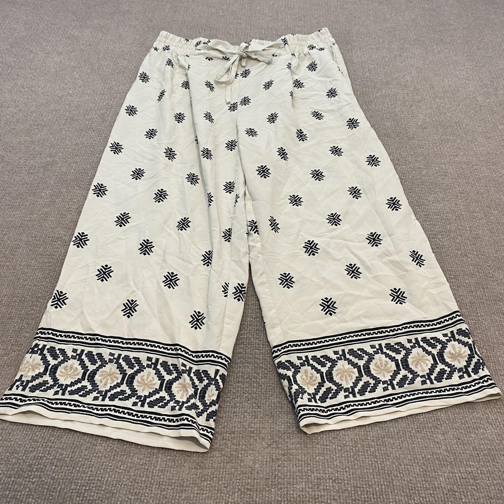 NYCC Pants Womens Large White Wide Leg Cropped Embroidered Boho Casual